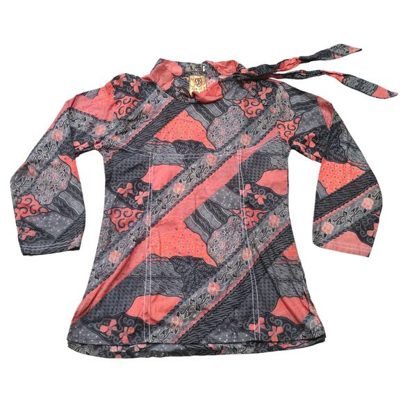 Batik Multi Color Abstract Pattern Pull Over Tunic Long Sleeve Blouse Shirt - Picture 1 of 9